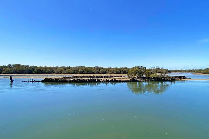 Un naufragio oxidado parcialmente sumergido que forma una pequeña isla con árboles verdes